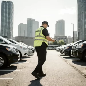 Parking enforcement patrol in Toronto commercial lot
